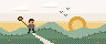 Pixel art: a traveller with a bindle on a stick walking over green hills at sunrise