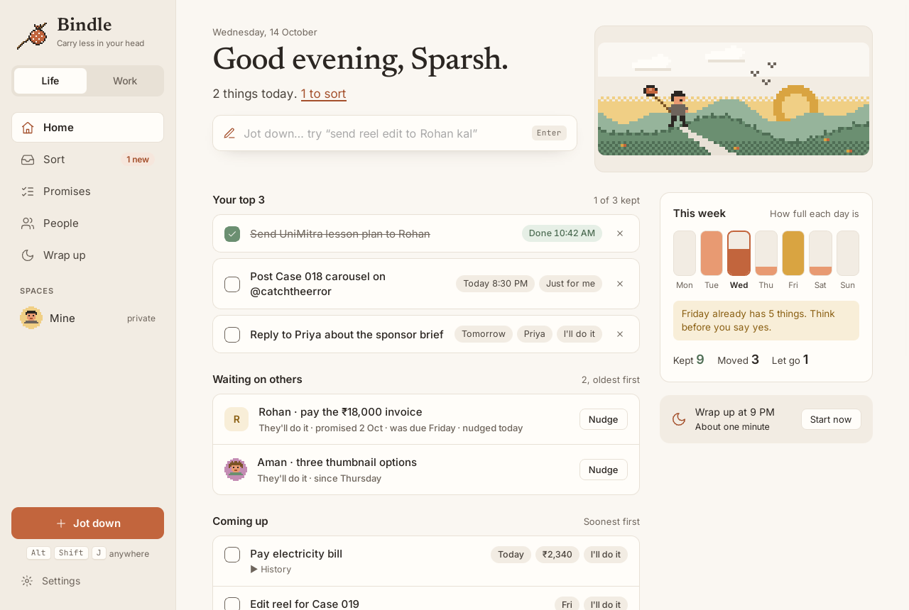 Bindle's Home screen: a greeting, a Jot down field, today's top 3, people you are waiting on, and how full each day of the week is